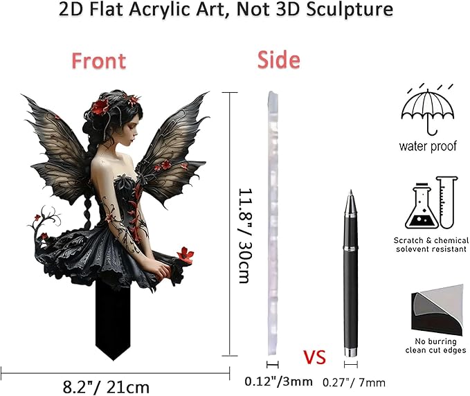Flower Fairy Garden Stake Decor, 2D Flat Acrylic Elf Garden Sign with Stake, Fairy with Magic Sign for Indoor Outdoor Yard Lawn Balcony Pot Plants (Black Fairy)