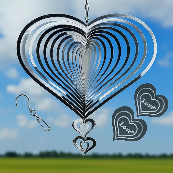 Stainless Steel Heart Wind Spinners, Outdoor Yard & Garden Decorations, Mirror Finish Hanging Metal Spinners for Patio, for Home & Garden Lovers