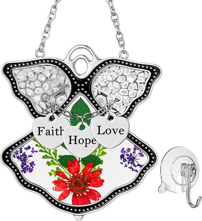 KY&BOSAM Angel Suncatcher Faith Hope Love Stained Glass Suncatchers for Windows Hangings Wind Chimes with Pressed Real Flowers and Heart Charm Engraved Birthday Gifts for Mom Mothers Day Christmas