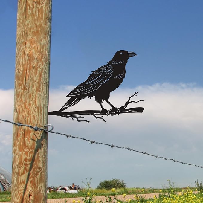 Raven Crow Fence Topper Decor, Metal Garden Birds Black Silhouette Statue, Halloween Witchy Gothic Ornament for Yard Fence, Fake Crow Home Garden Decoration (Vivid)