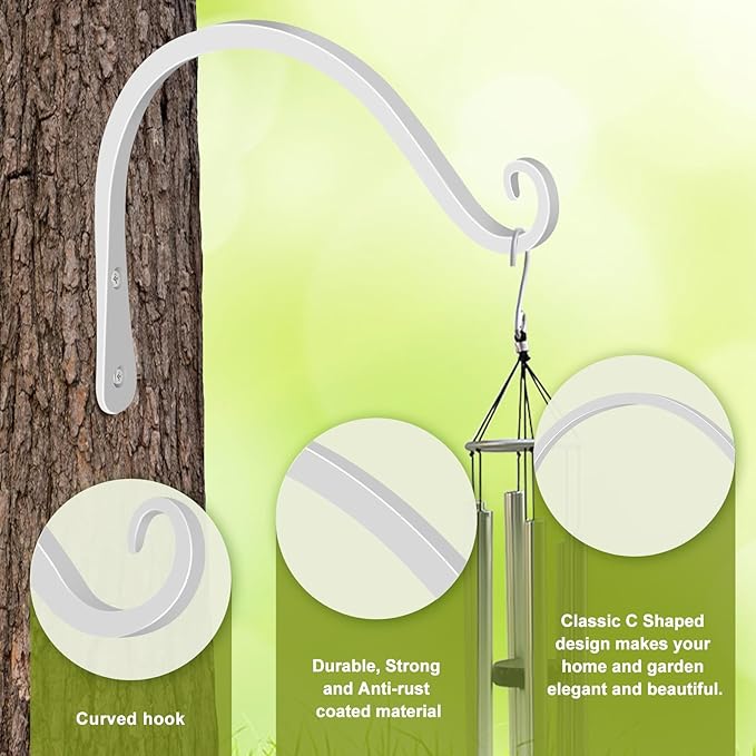 FEED GARDEN Heavy Duty Plant Hooks - 2 Pack 8 Inch Wall Mounted Hanging Brackets, 44lb Capacity Steel Plant Hangers for Bird Feeders, Baskets, Wind Chimes -White
