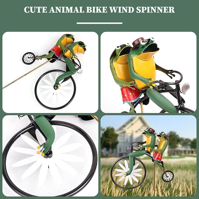 Wind Spinners for Garden, Vintage Metal Wind Spinner Frogs on a Bike Windmill Garden Ornament 3D Animal on Bike Sculptures for Yard Lawn Decor