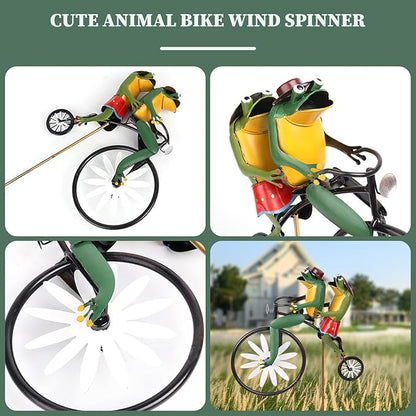 Wind Spinners for Garden, Vintage Metal Wind Spinner Frogs on a Bike Windmill Garden Ornament 3D Animal on Bike Sculptures for Yard Lawn Decor