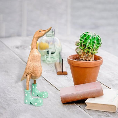 Wooden Crafted Duck Figurine with Spotty Wellies Funny Standing Duck Statues Decorative Resin Rain Boot Animal Sculpture Collectible Crafts Waterproof Garden Lawn Ornament (Green, 7.9Inch)