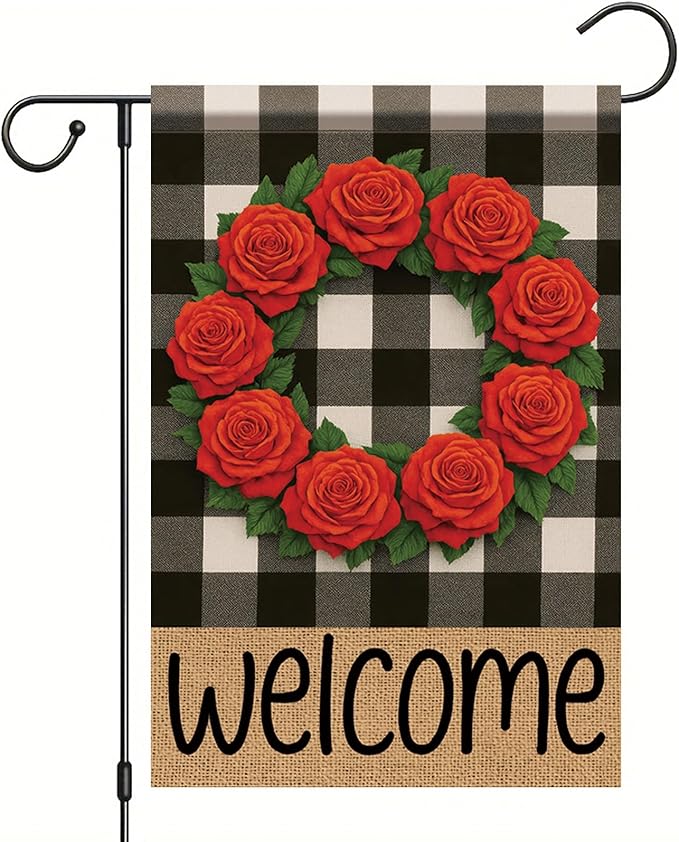 Buffalo Plaid Welcome Wreath Garden Flag Red Rose Flower Flag 12x 18 Inch Double Sided Spring Outdoor Fall Autumn Farmhouse Outdoor Small Decor for Porch Lawn Patio Yard