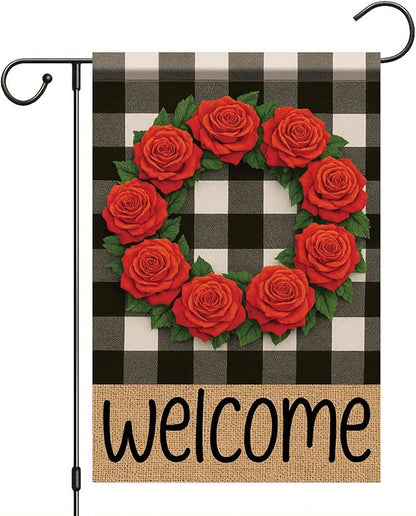 Buffalo Plaid Welcome Wreath Garden Flag Red Rose Flower Flag 12x 18 Inch Double Sided Spring Outdoor Fall Autumn Farmhouse Outdoor Small Decor for Porch Lawn Patio Yard