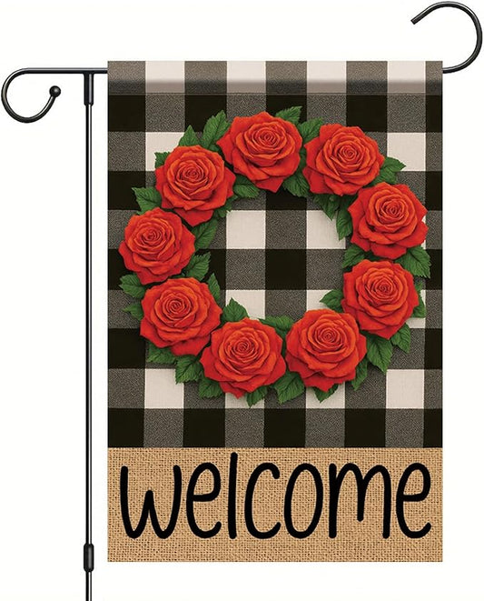Buffalo Plaid Welcome Wreath Garden Flag Red Rose Flower Flag 12x 18 Inch Double Sided Spring Outdoor Fall Autumn Farmhouse Outdoor Small Decor for Porch Lawn Patio Yard