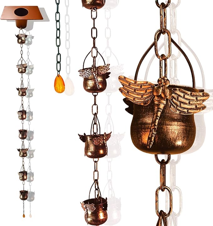 CT DISCOUNT STORE Decorate Your Home with Variety Rain Chain - Solid Metal Hand Craft Garden Decoration (Dragonfly Rain Chain; Brown)