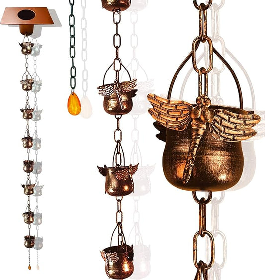 CT DISCOUNT STORE Decorate Your Home with Variety Rain Chain - Solid Metal Hand Craft Garden Decoration (Dragonfly Rain Chain; Brown)