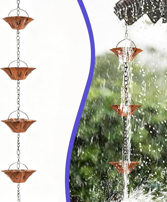 8.5FT Rain Chain for Gutters, Rain Chains for Outside with 12 Lotus Cups, Rustproof Rain Catcher Chain, Replacement for Downspout (Lotus)