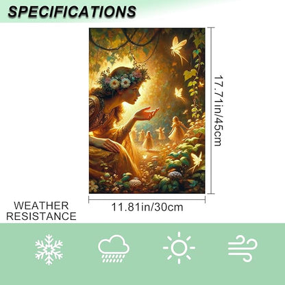 IVN Spring Fairy Garden Flag 12x18 Inch Double Sided Enchanted Forest Flag with Flower Crown Fairy and Glowing Fairies Fantasy Yard Decor for Outdoor Lawn Porch or Seasonal House Decoration