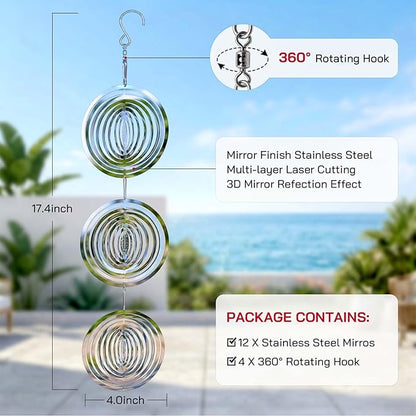 Stainless Steel Wind Spinners Outdoor, 12PCS 3D Mirror Reflective Hanging Decor with 360° Swivel Hooks, Garden Patio Yard Wind Chimes, Reflective Design Helps Keep Birds Away
