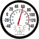 Circrane 13.25 Inch Round Thermometer with Hygrometer, Large Indoor Wall Patio Bimetal Weather Thermometer, No Battery Required, Black