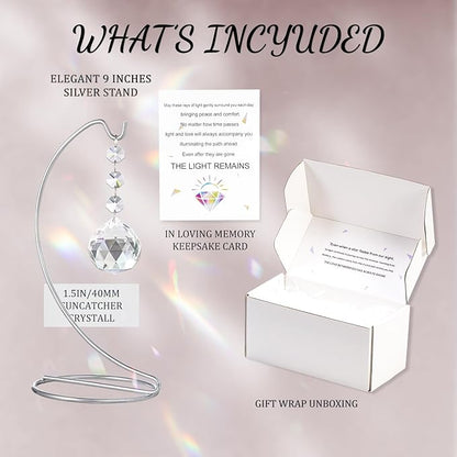 9-Inch Memorial Gifts,40mm Clear Memorial Crystal,Bereavement Suncatcher,Memorial Gifts for Loss of Mom Dad Friend Son Daughter,Silver Stand and a Sympathy Card
