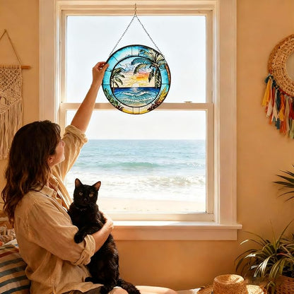 Stained Glass Window Hanging, Summer Beach Window Hanging Light Catcher, Outdoor Light Catcher Garden Decor, Tropical Kitchen Wall Decor Decorative Patios (Beach)