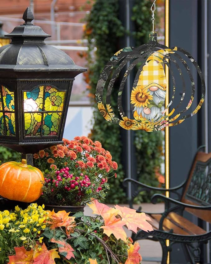 Gnomes Black Wind Spinners Outdoor Inoor, Decorative Hanging Pumpkin Ornaments for Yard Patio Garden, Yellow Sunflower Floral Bee Summer Spring Stainless Steel Metal Wind Sculpture Suspension Trim, 8"