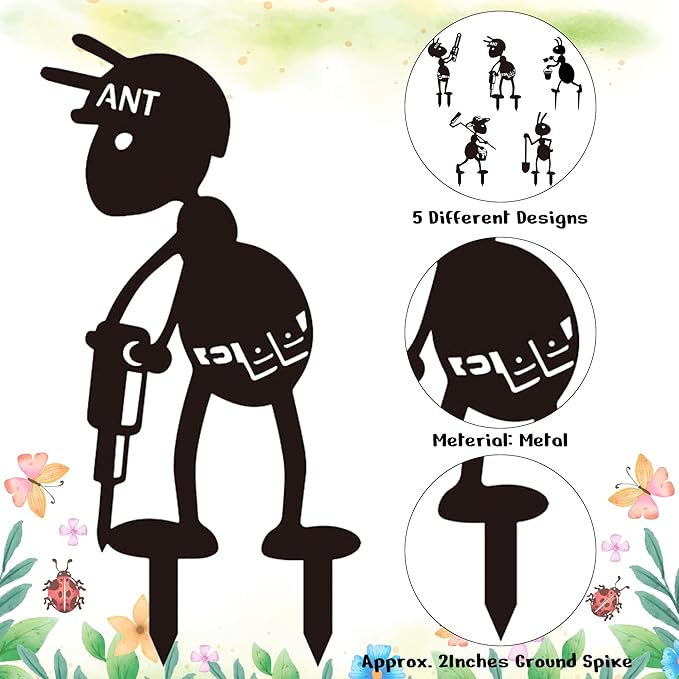 CUweipeng Metal Garden Stakes Decorative - 5 Pcs Funny Working Farm Ant Garden Decor Black Metal Humor Art Yard Stake Animal Outdoor Decoration for Pathway Lawn Garden Backyard Birthday Gift Party #A