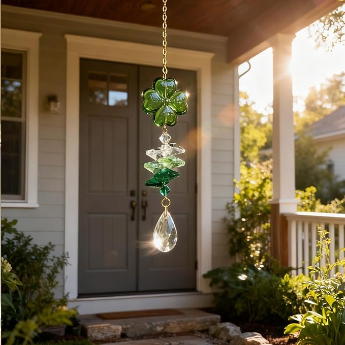 Matuna Four-Leaf Clover Crystal Suncatcher with Heart Prism Ball - Rainbow Maker Window Hanging Ornament for Car, Home, Garden (Purple)