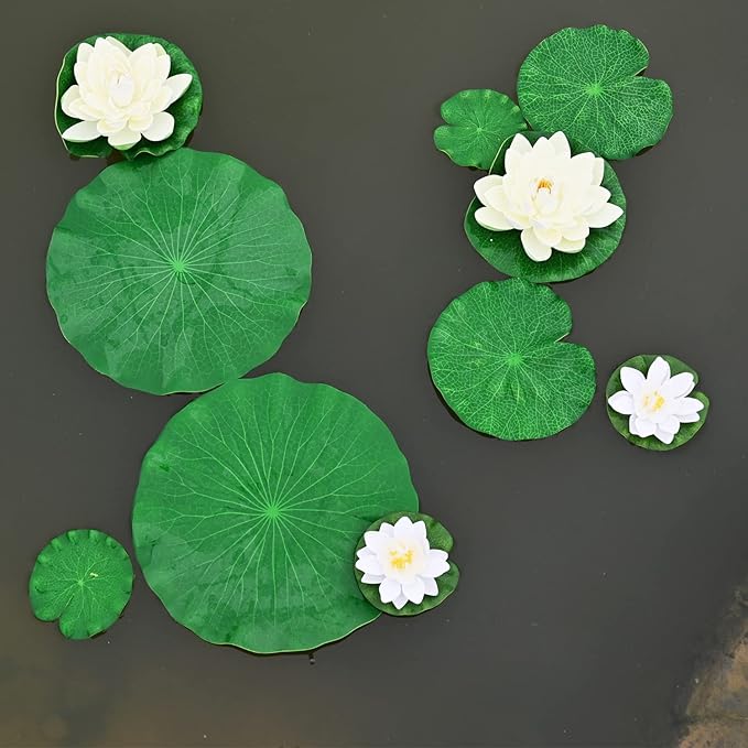 Fake Lily Pads, 10 PCS Artificial Lotus with Water Lily Pad, Realistic Water Floating Foam Lotuses Lily Pads, Artificial Floating Lotus Decor with Lily Pad for Home Outdoor Ponds