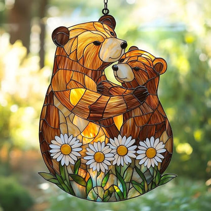 Cute Lovely Mother Bear Acrylic Suncatcher Stained Glass Effect Window Car Hanging Christmas Ornament Indoor Outdoor Decor Garden Sun Catcher Panel for Bear Lover for Women Mom Grandma