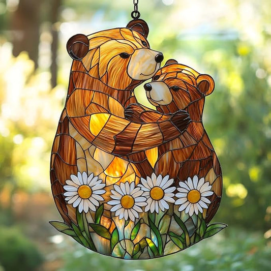 Cute Lovely Mother Bear Acrylic Suncatcher Stained Glass Effect Window Car Hanging Christmas Ornament Indoor Outdoor Decor Garden Sun Catcher Panel for Bear Lover for Women Mom Grandma