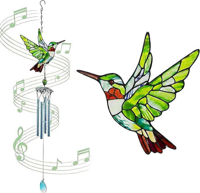 Wind Chimes for Outside, Green Stained Glass Hummingbird Wind Chime, Deep Tone Memorial Gifts for Women Mom Grandma, Durable Metal Garden Patio Yard Window Decoration