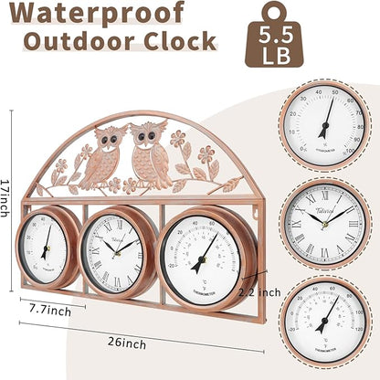 26Inch Large Outdoor Clock,Waterproof Wall Clock with Thermometer and Hygrometer Combo,Weatherproof Non-Ticking Battery Operated Decor Clock for Patio,Garden,Pool,Porch,House Warming Gifts
