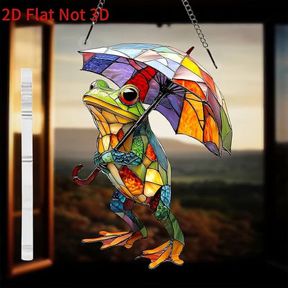 Spring Suncatcher Window Hanging with Colorful Frog Umbrella Designs Full Cover Acrylic Stained Glass Suncatchers Cute Window Decor Summer Ornament Indoor Outdoor for Home Garden Gift for Women