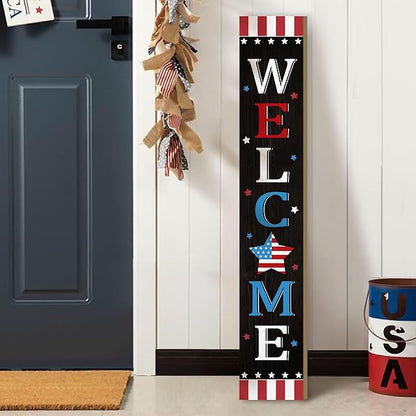 Patriotic 4th of July Independence Day Porch Sign Decor Memorial Day Wooden Hanging Sign Door Porch Standing Decorative Signs Plaques Front Door Farmhouse Outdoor Indoor Welcome Sign Wall Craft Decor 47.2"H