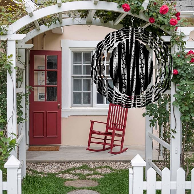 Tribal Boho Geometric Stripes Round Wind Spinner 8", 3D Stainless Steel Wind Spinners for Yard and Garden Black Indoor Outdoor Metal Hanging Craft Ornaments for Porch Lawn Home Party Decoration