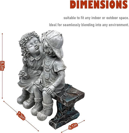 Girl and Boy Sitting on Bench Statues, Fisrt Kiss Sculpture Figurine Decoration for Yard Patio Porch Indoor Outdoor Lawn Bookshelf, 8 1/4" L x 4 3/4" W x 9" H