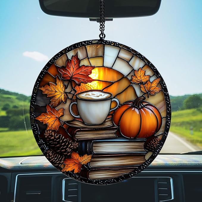 Pumpkin Spices Books Acrylic Suncatcher Stained Glass Effect Window Car Hanging Christmas Ornament Indoor Outdoor Decor Garden Sun Catcher Panel for Book Lover for Women Mom Grandma