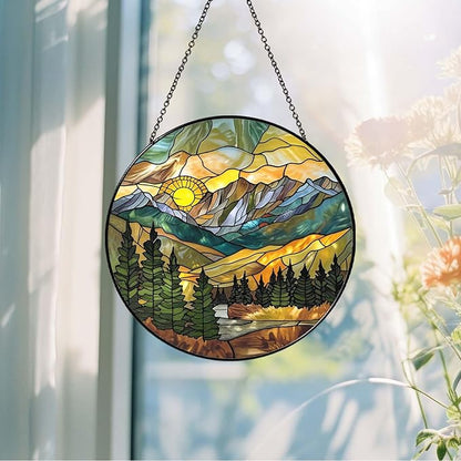 Mountain Range Sun Catcher Stained Glass Window Hanging for Women Wall DecorHandmade Sun Catcher Decoration for Garden Home Housewarming Gifts, 7.87inch