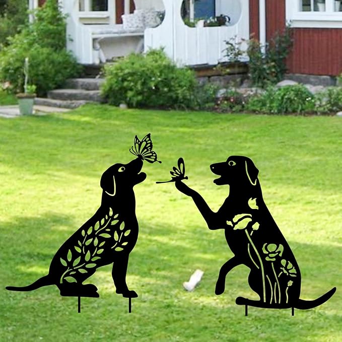WONDER GARDEN Metal Dog Decor for Outside - 2 Pack Garden Stakes Decorative, Black Dog Silhouette Statues Lawn Ornaments Yard Patio Decor Women Men Mom Gifts