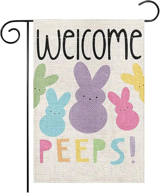1 Pcs Welcome Garden Flag Colorful Bunny Garden Flags for Outside 12x18 Inch Double Sided Spring Garden Flag Cute Rabbit Yard Flags Seasonal Garden Decorations