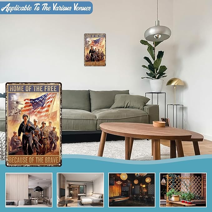 Veteran Metal Tin Sign Home of The Free Because Brave Vintage Sign For Happy Veterans Day Gift Decor Wall 8x12 inch