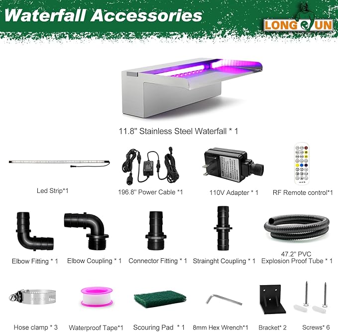 LONGRUN Stainless Steel Waterfall Spillway, APP Control Multi-Color LED Light Outdoor Pool Fountain, Water Spillway Koi Pond Waterfalls Fountains Kit for Garden Patio Swimming Pool Decoration-11.8"