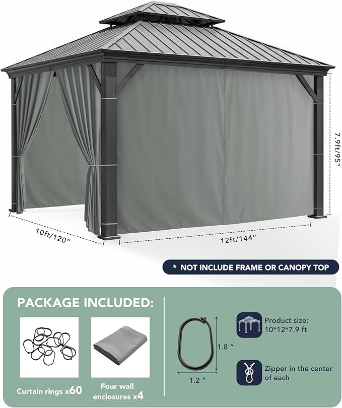 Gazebo Curtains Outdoor Waterproof - 10'Wx12'Lx7.9'H Gazebo Universal Replacement Privacy Curtains, 4 Panels Sidewall Drapes with Zipper for Patio Pergola Garden Backyard, Grey