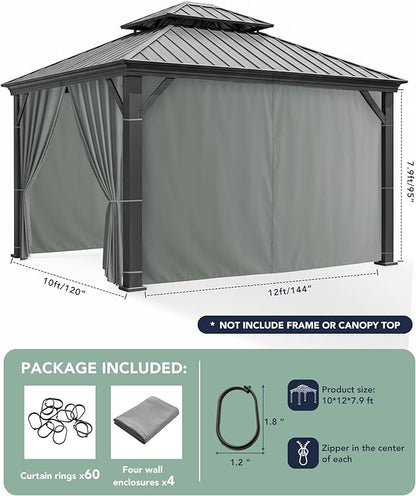 Gazebo Curtains Outdoor Waterproof - 10'Wx12'Lx7.9'H Gazebo Universal Replacement Privacy Curtains, 4 Panels Sidewall Drapes with Zipper for Patio Pergola Garden Backyard, Grey