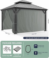 Patio Curtains Outdoor Waterproof - 10'Wx12'Lx7'H Weatherproof Pergola Outside Curtains, Gazebo Universal Replacement Privacy Curtains, 4 Panels Sidewall Drapes with Zipper, Grey