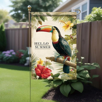 Hello Summer Garden Flag Tropical Toucan Bird Floral Leaves Outdoor Yard Porch Lawn Garden Decor for Beach Patio Cottage Farmhouse Seasonal Summer Home Display