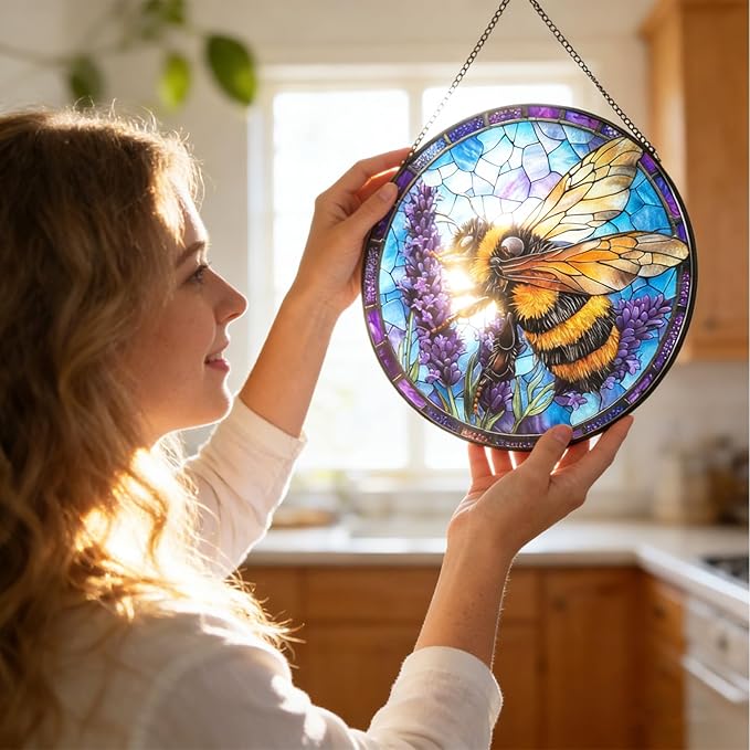 Bee Lavender Handmade Stained Glass Window Hanging Suncatcher,Sun Catchers Diamond Glass Panel Hangings Insect Suncatcher Decor for Home Garden, Wedding, Mother's, Valentine's
