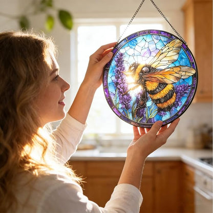 Bee Lavender Handmade Stained Glass Window Hanging Suncatcher,Sun Catchers Diamond Glass Panel Hangings Insect Suncatcher Decor for Home Garden, Wedding, Mother's, Valentine's