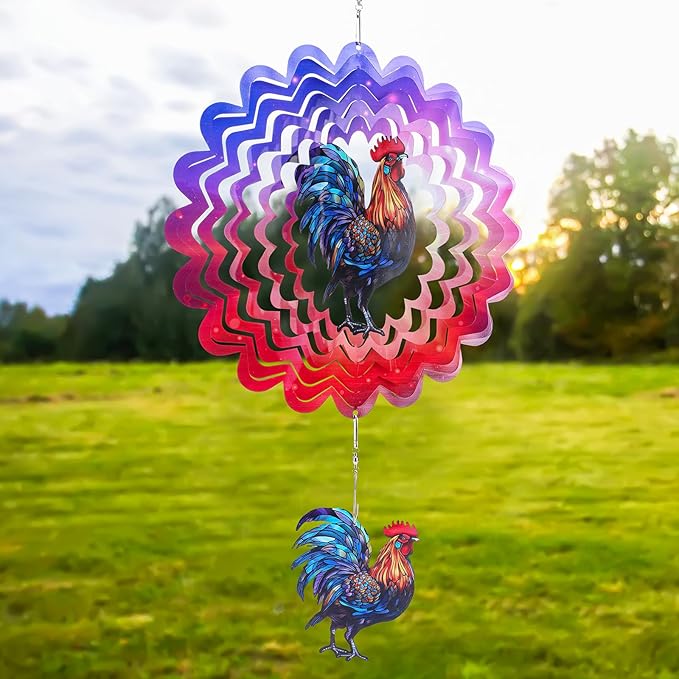 Rooster Hanging Wind Spinner Outdoor - 12 Inches Stainless Steel Wind Sculpture Aesthetic Wind Chime Chicken Farmhouse Art Ornaments for Garden Yard Balcony Patio Lawn Yard Decorations