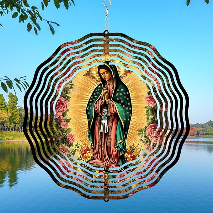 Virgin Mary Prayer Wind Spinner, Metal Wind Spinners Outdoor Indoor, Virgin Mary Rose Hanging Garden Decor for Outside, Stainless Wind Spinners for Yard and Garden 10 inch 3D (25.76X25 CM)