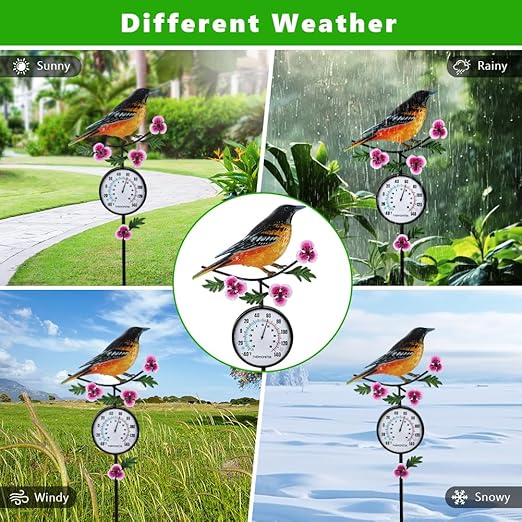 Outdoor Thermometer, 35" Tall No Battery Needed Outside Thermometer with Garden Stake, Hummingbird Wall Thermometer for Yard Patio Decor