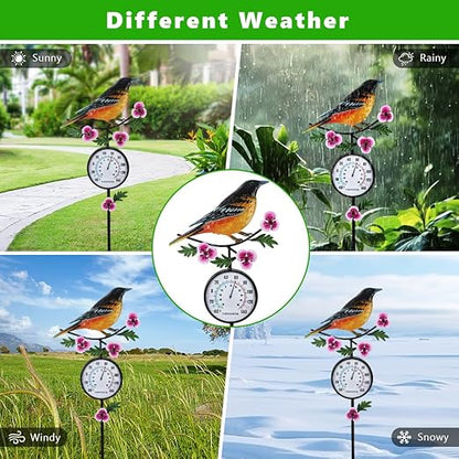 Outdoor Thermometer, 35" Tall No Battery Needed Outside Thermometer with Garden Stake, Hummingbird Wall Thermometer for Yard Patio Decor