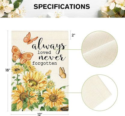 AVOIN colorlife Always Loved Never Forgotten Memorial Garden Flag 12x18 Inch Double Sided Outside, Sunflower Yard Outdoor Decoration