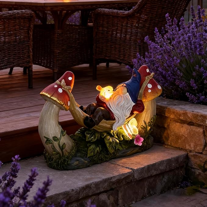 Solar-Powered Garden Gnome Statue - Mushroom LED Light Outdoor Lawn Ornament, Waterproof Resin Sculpture,Weather-Resistant Cute Figurine, Perfect for Yard, Garden Path, Patio Lighting Decor (Red)