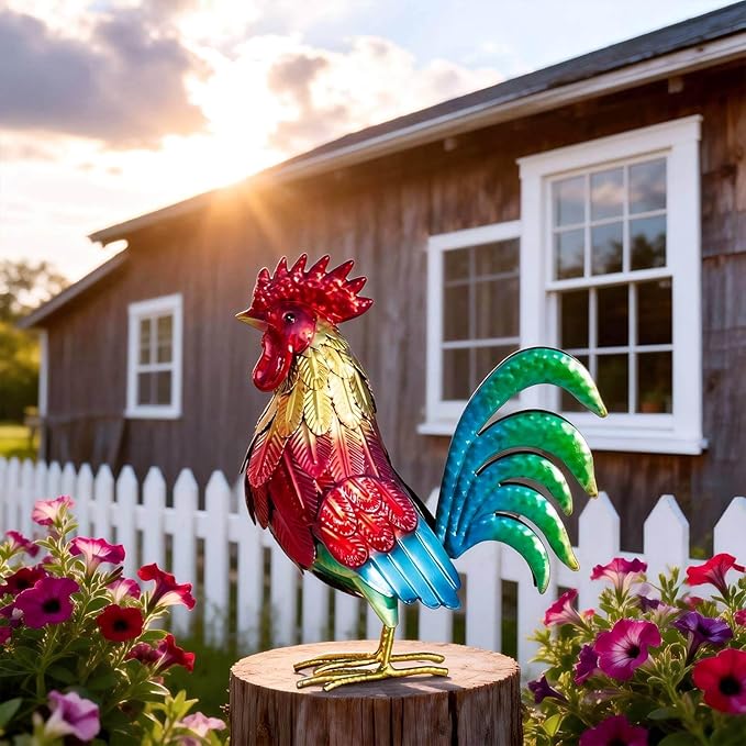 Natelf Metal Rooster Garden Statue Decor, Chicken Yard Art Standing Sculpture Lawn Ornament for Patio, Backyard, Kitchen, Home Decoration (red)